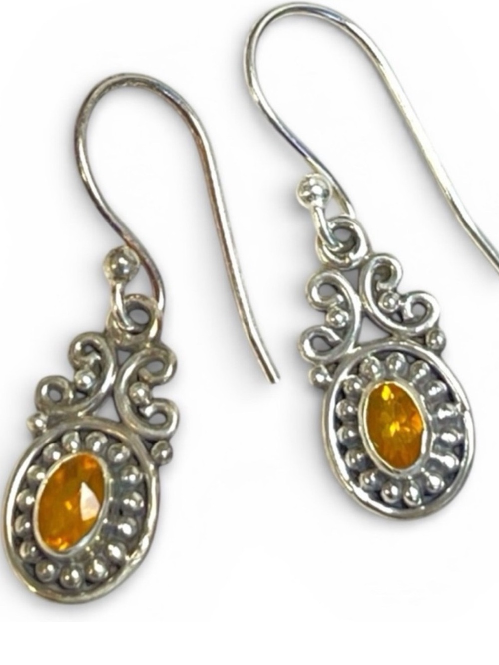 925 Sterling Silver Amber Yellow Filigree Dangle Drop Earrings Boho NWT